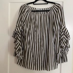 Fever Green White Striped Bell Sleeve Blouse